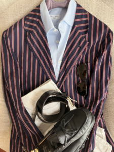 Summer stripes jacket style with light blue shirt and white denim