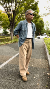 Western denim shirt & chino pants style